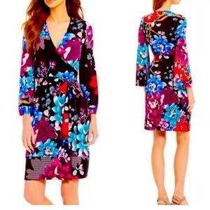 Calvin Klein Floral Kimono Faux Wrap Dress- Black, Red, Blue, Purple